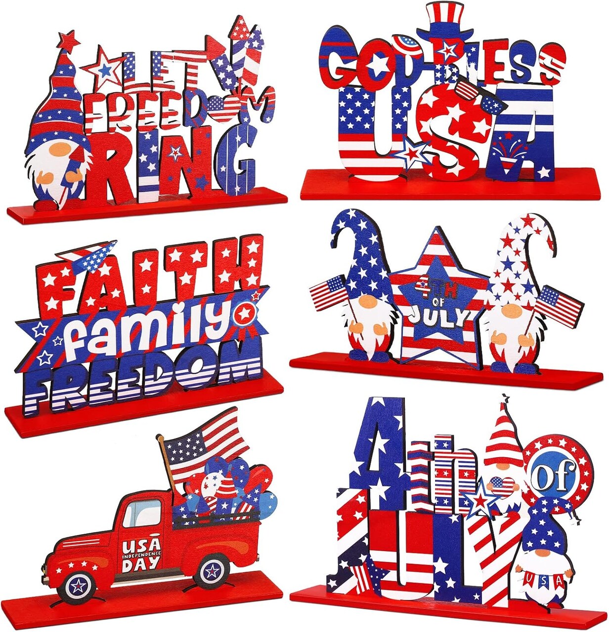 6-Piece Patriotic Table Decoration Set – Wooden 4th of July & Memorial Day Centerpieces with “God Bless America” Sign for Independence Day, Home, Office & Party Decor
